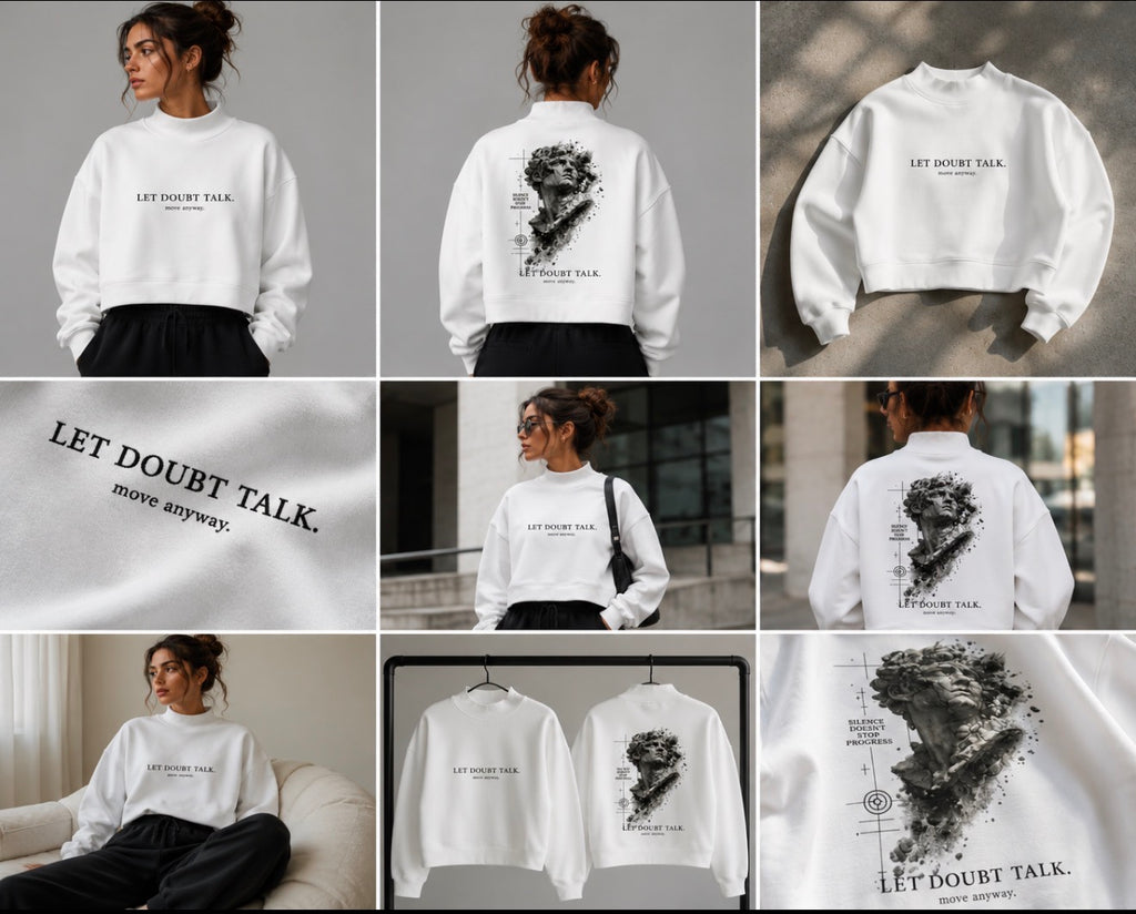 LET DOUBT TALK. MOVE ANYWAY. Essential Fleece Mock-Neck Crew Sweatshirt