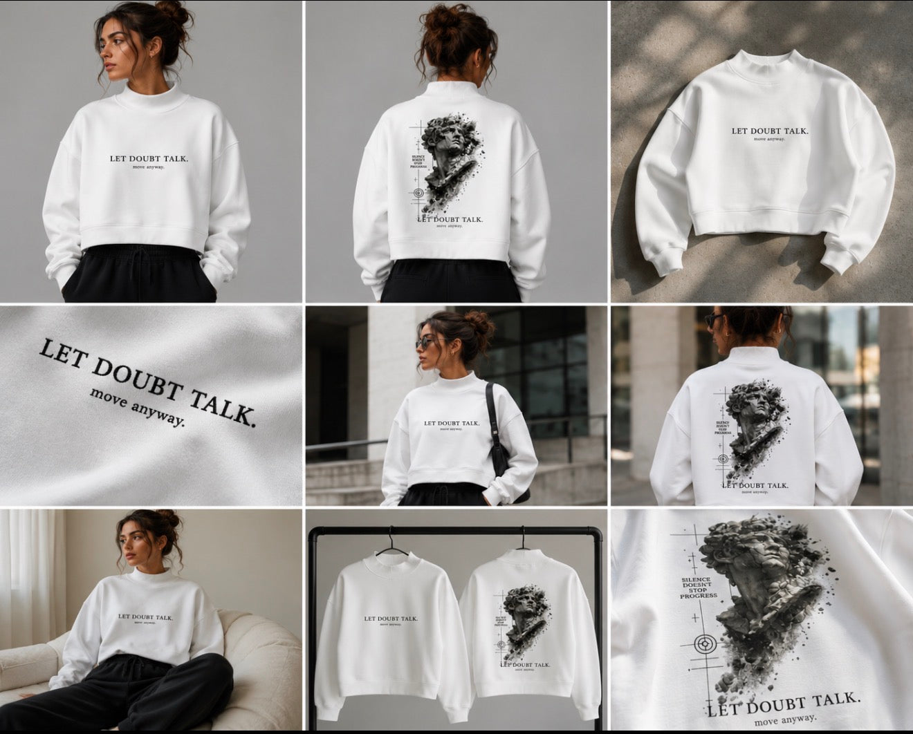 LET DOUBT TALK. MOVE ANYWAY. Essential Fleece Mock-Neck Crew Sweatshirt