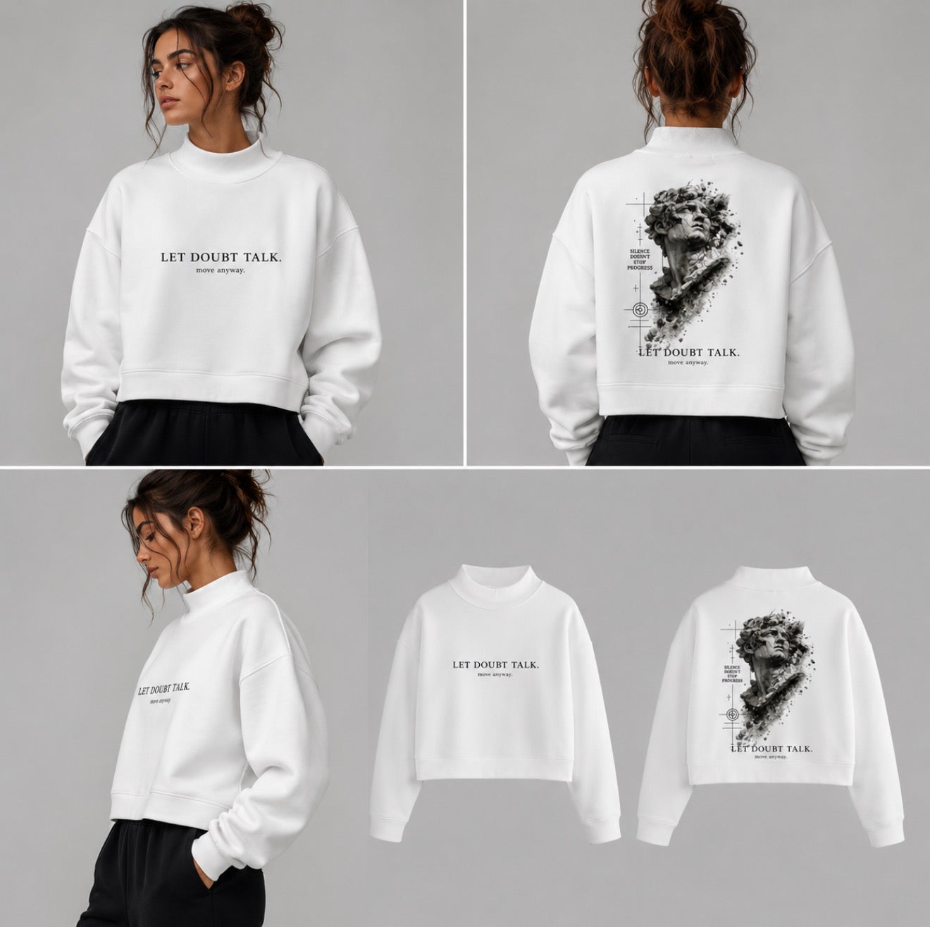 LET DOUBT TALK. MOVE ANYWAY. Essential Fleece Mock-Neck Crew Sweatshirt