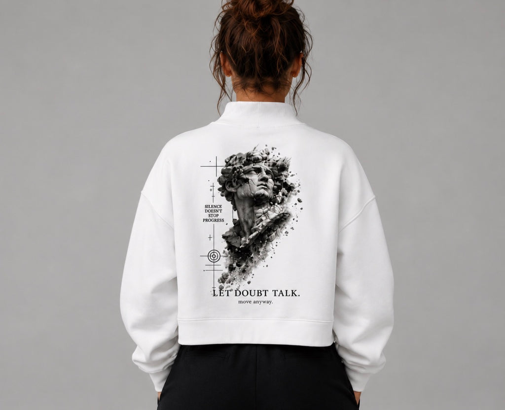 LET DOUBT TALK. MOVE ANYWAY. Essential Fleece Mock-Neck Crew Sweatshirt